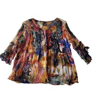 Colorful Abstract Sheer Tunic Top Crinkle Texture Boho Artsy